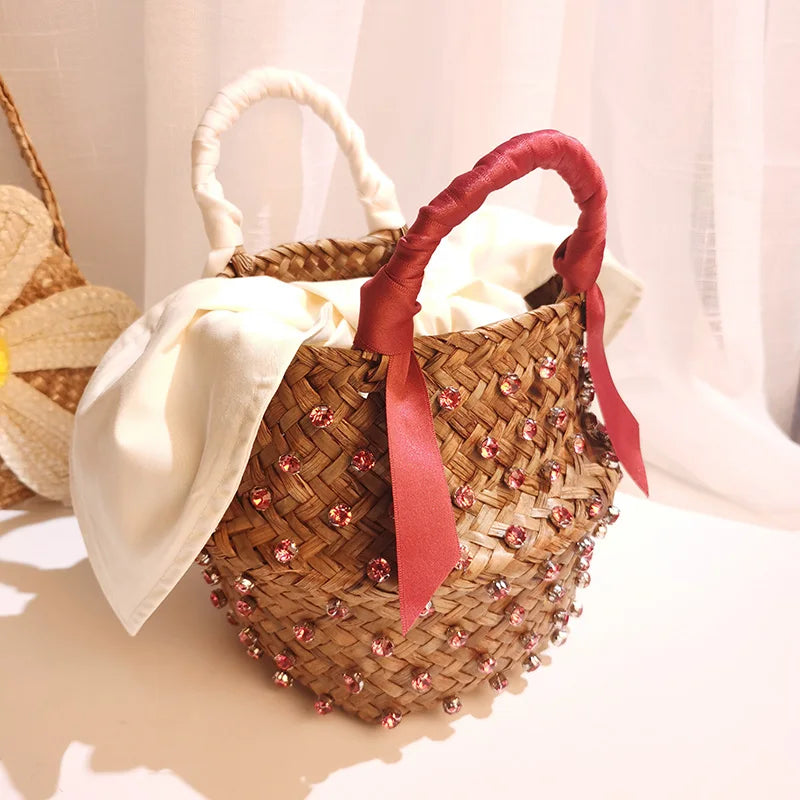 Borsa da Spiaggia in Paglia Intrecciata con Strass – Secchiello Donna Fatto a Mano, 22×20 cm | 8 Varianti