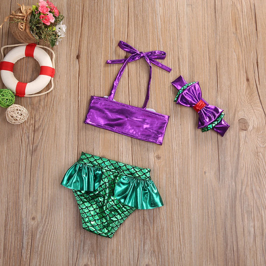 Bikini Due Pezzi Bambina con Fascia per Capelli e Stampa Sirena – 0–8 Anni