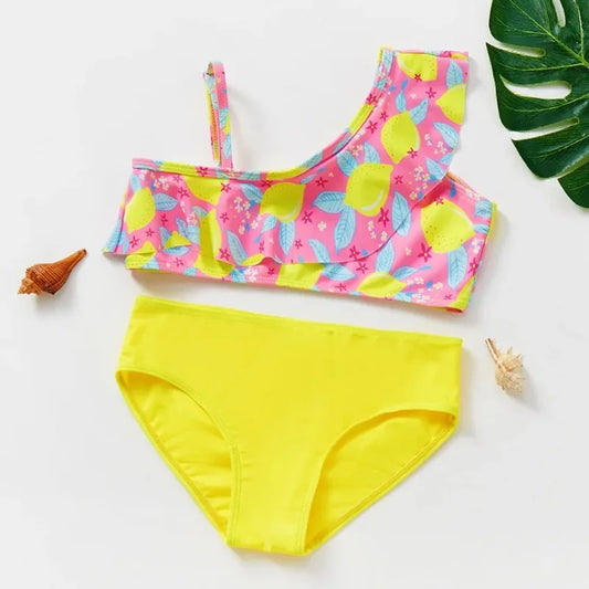 Bikini Due Pezzi Bambina con Volant – Costume da Bagno Estivo Senza Maniche, 12 Fantasie, 3–12 Anni