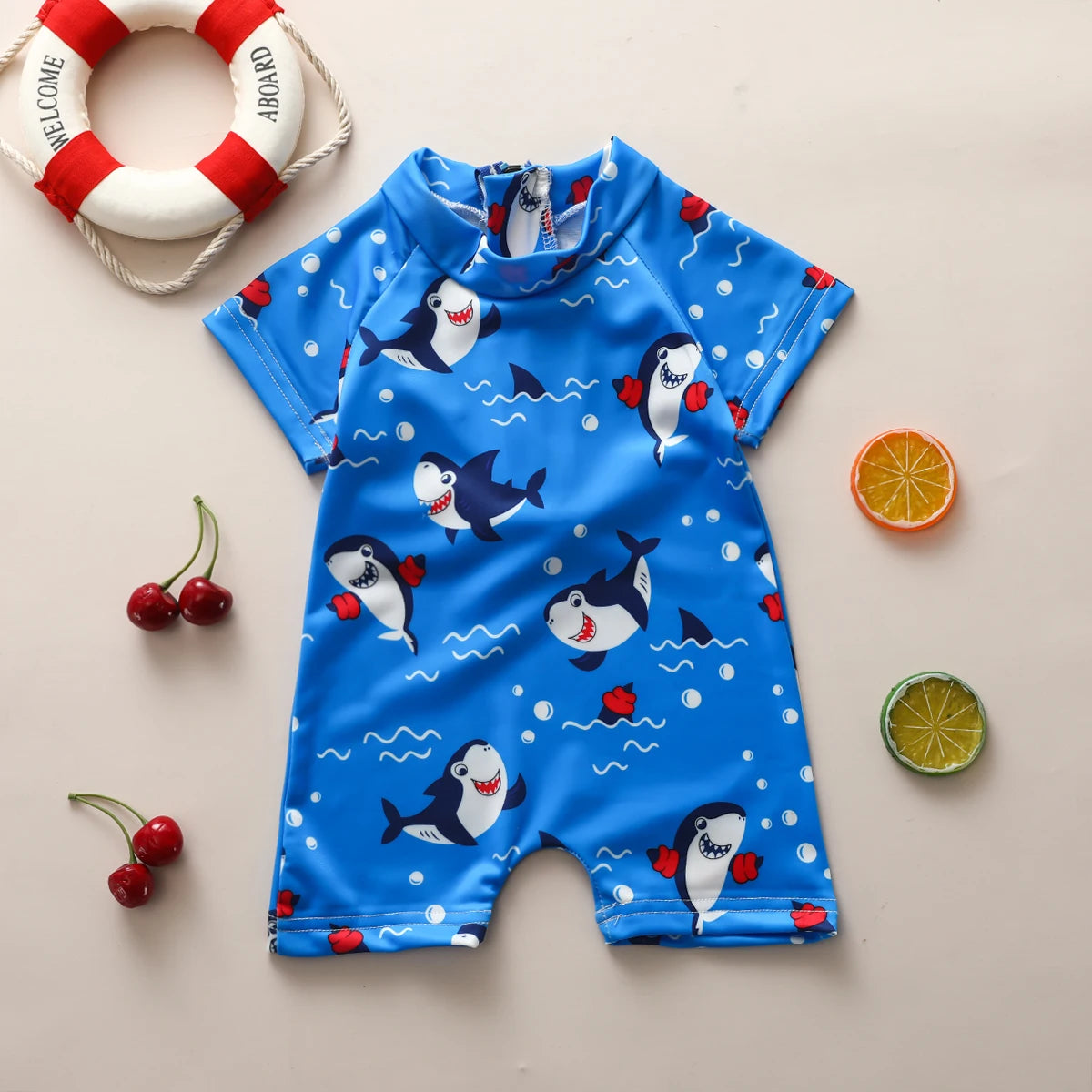 Rash Guard Neonato e Bambino con Cerniera e Stampa Squaletti – Manica Corta, 0–3 Anni