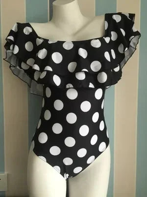 Costume Intero Donna a Pois con Volant e Scollo all'Americana, Beige e Nero, S–4XL
