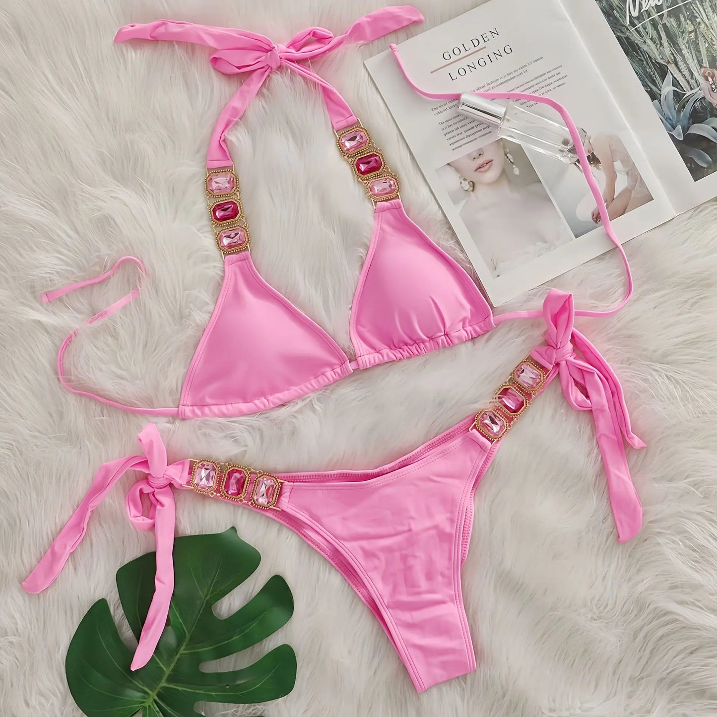 Bikini Donna Due Pezzi con Laccetti Sottili e Strass