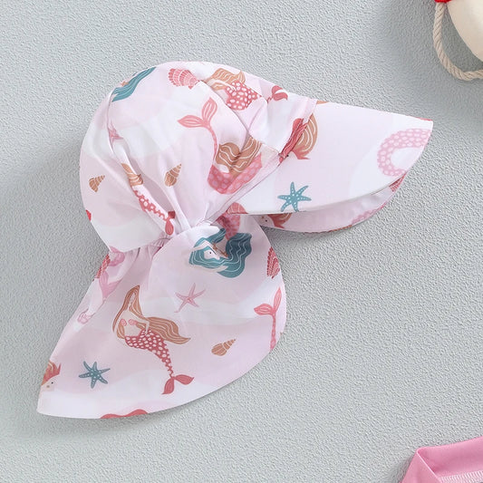 Costume da Bagno per Bambina con Cappellino Falda Larga Stampa Stelle Marine Rosa