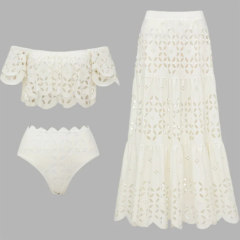 Costume da bagno per donna in lino, bikini con scollo bandeau senza spalline, anche con gonna dritta casual