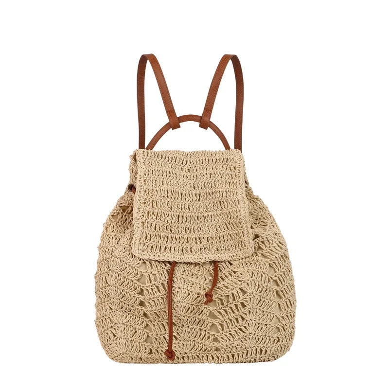 Zaino da Donna in Paglia Intrecciata Stile Boho – Chiusura a Corda, Tracolla Arcuata – 2 Colori