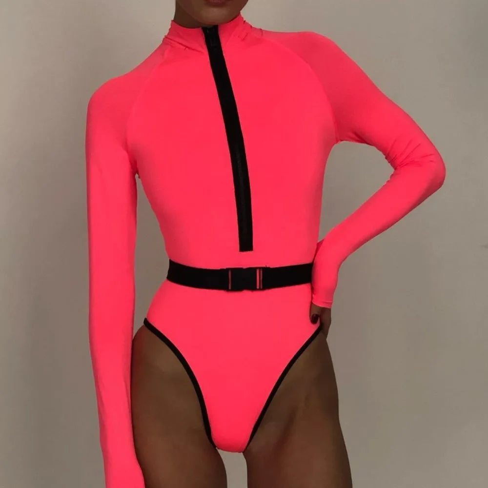 Costume Intero Donna Manica Lunga con Cerniera – Verde Fluo / Fucsia Fluo, Protezione UV, Surf