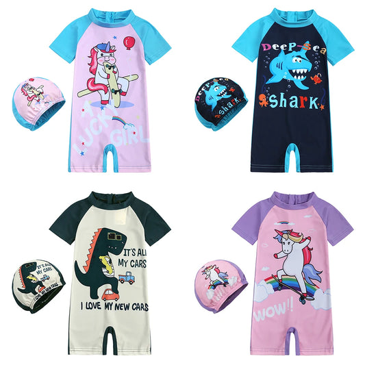 Costume da Bagno Intero per Bambini con Cuffia Abbinata – Set Nuoto con Protezione UV, 12M–8 Anni 12 Fantasie