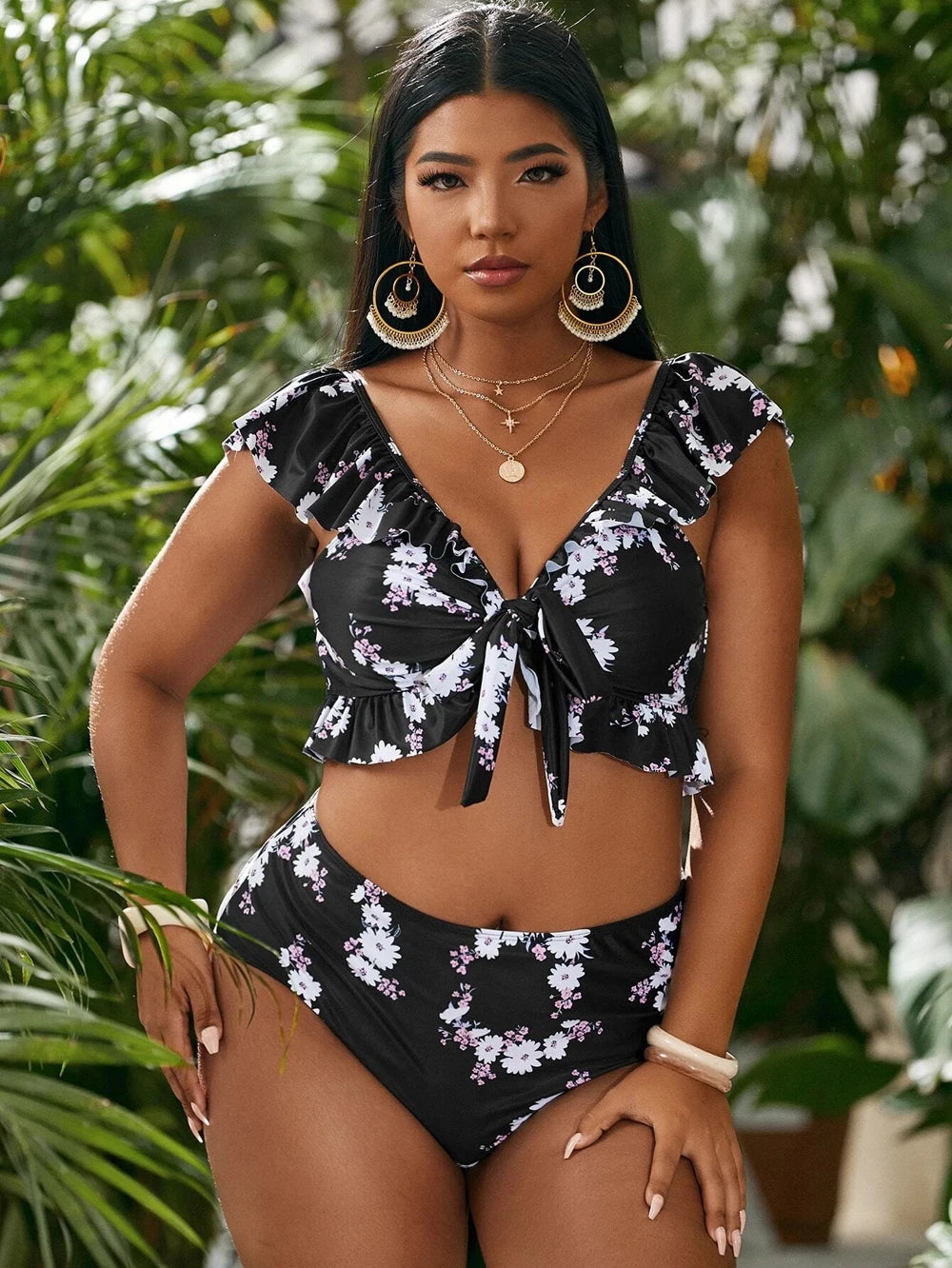 Bikini Plus Size Donna a Fiori con Push-Up e Vita Alta – 0XL–4XL