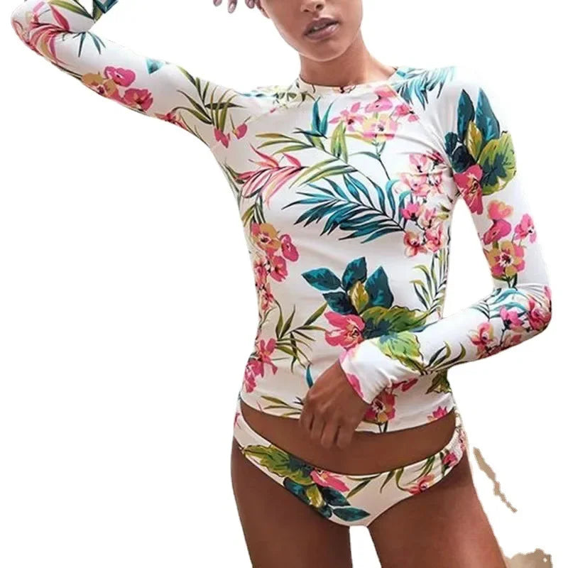 Costume Due Pezzi Donna Rashguard Manica Lunga Bianco con Fiori Rosa