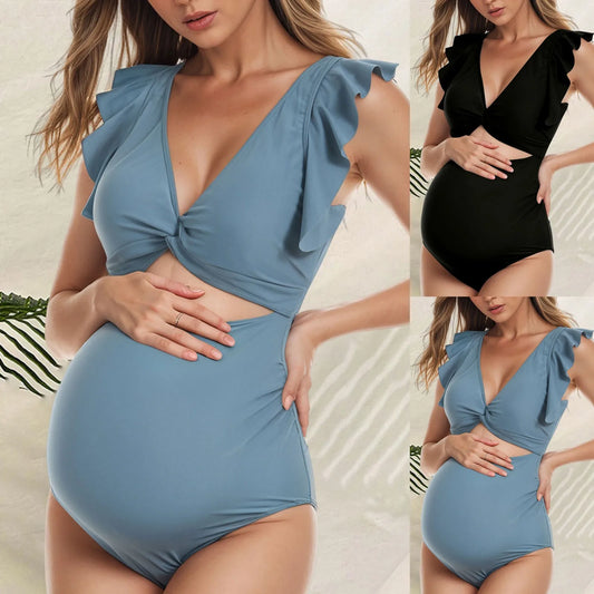 Costume da Bagno Premaman Intero con Volant e Allacciatura con Gancio sul Retro – Costume Maternità Push-Up a Vita Alta S-XL 2 Colori