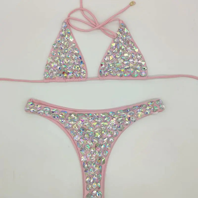Bikini Donna 2 Pezzi Halter Push-Up con Strass, Vita Bassa, Tinta Unita, S–L