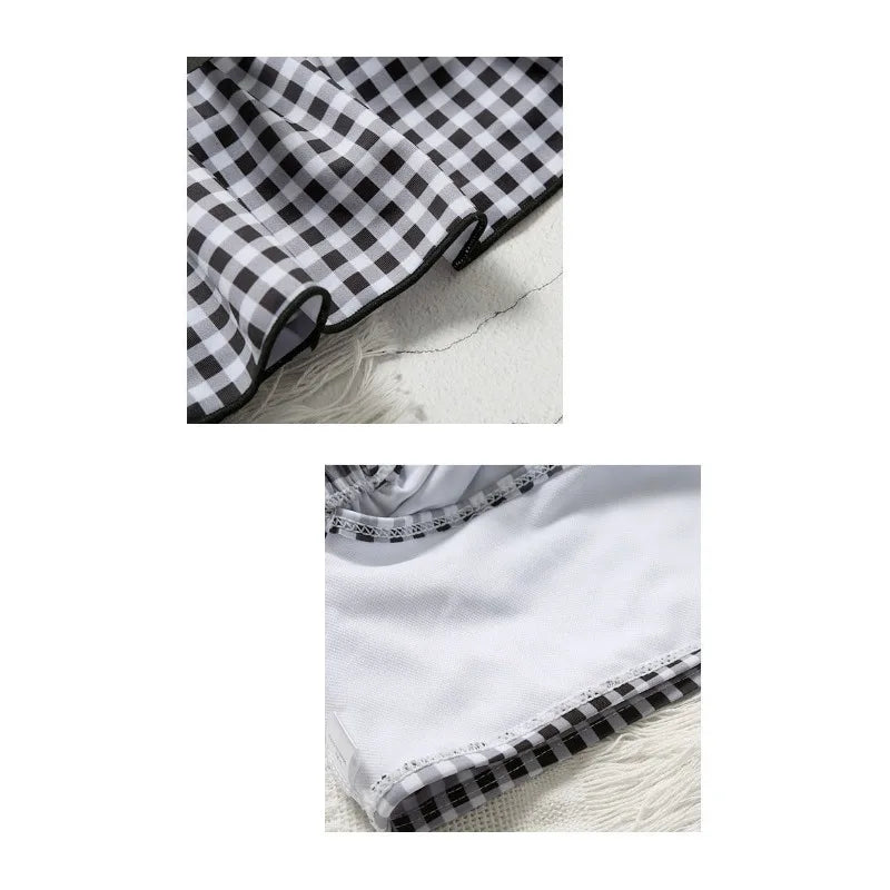 Costume da Bagno per Bambina 3 Pezzi con Cuffia – Bikini Stile Coreano a Quadri con Fiocco Farfalla, 10–30 kg Bianco e Nero