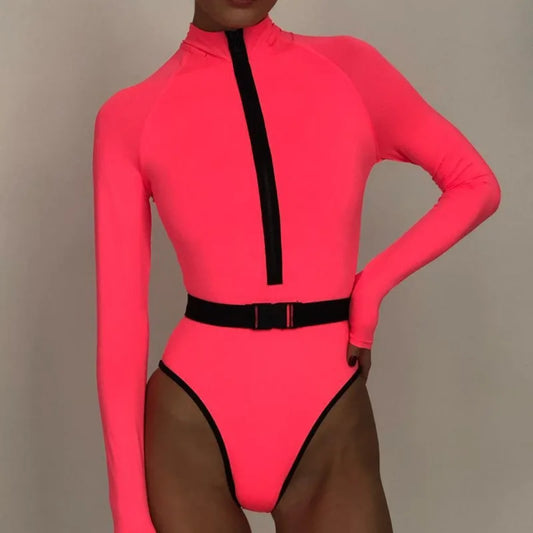 Costume Intero Donna Manica Lunga con Cerniera – Verde Fluo / Fucsia Fluo, Protezione UV, Surf