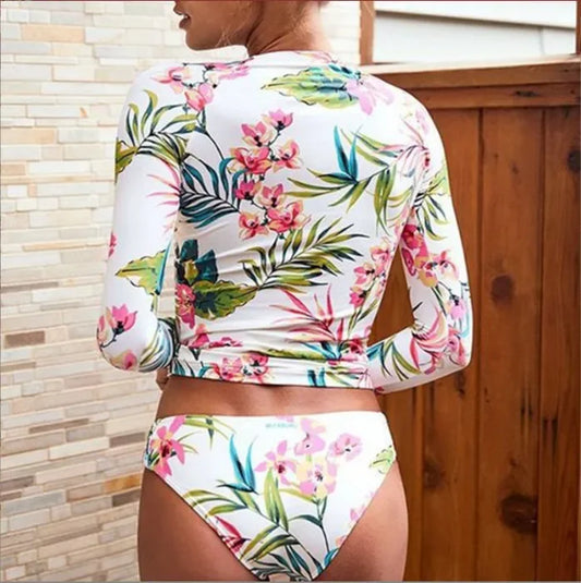 Costume Due Pezzi Donna Rashguard Manica Lunga Bianco con Fiori Rosa