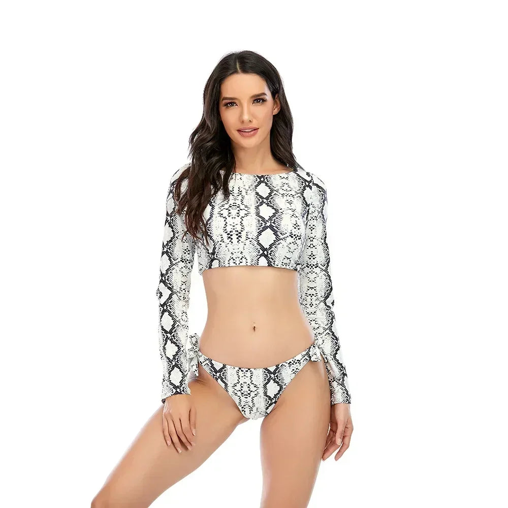 Costume da Bagno Donna Due Pezzi Manica Lunga Stampa Animalier