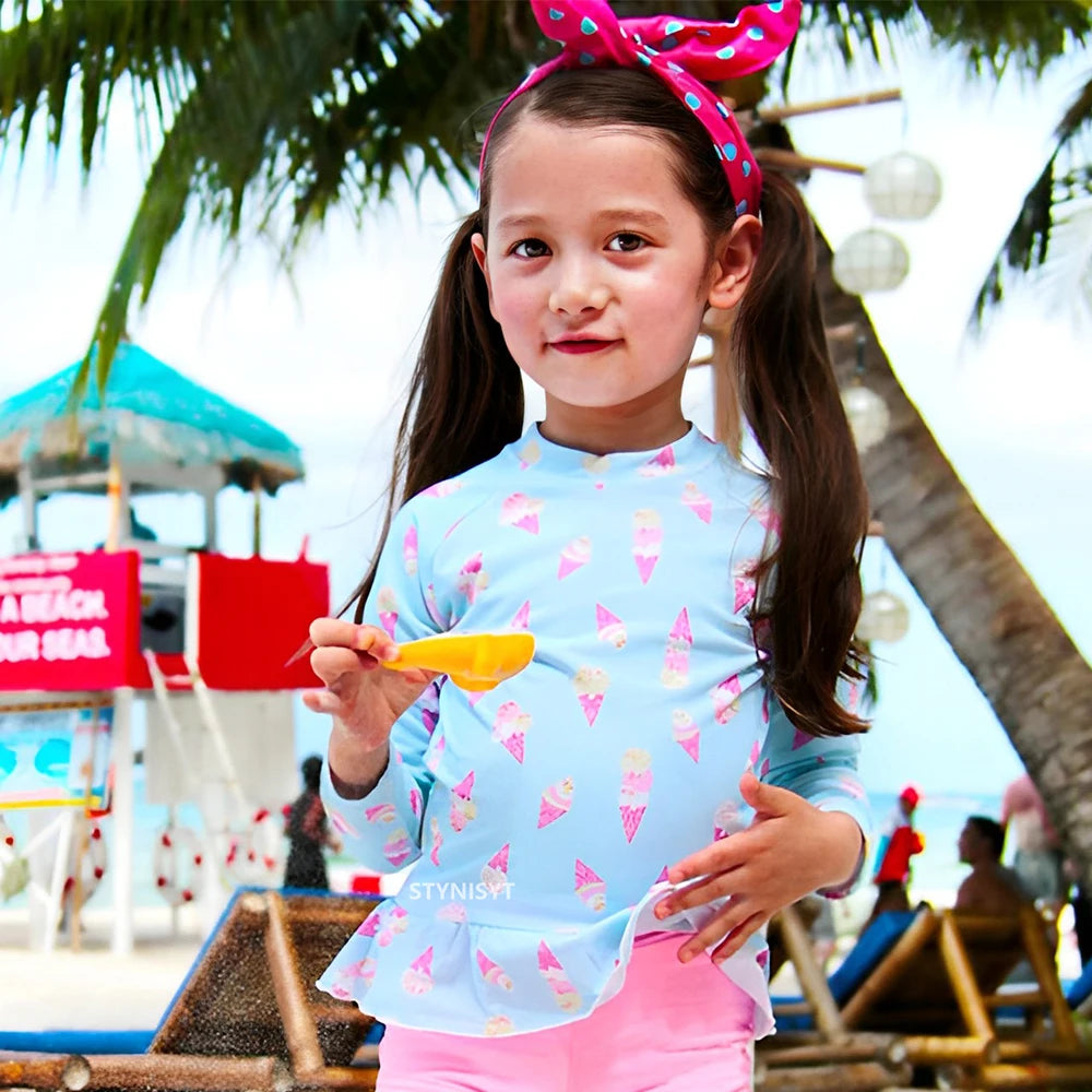 Costume da Bagno per Bambina Due Pezzi a Manica Lunga con Protezione UV – Rash Guard con Fantasia Stelle e Gelati, 2–7 Anni