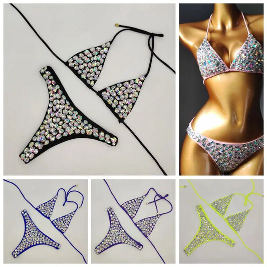 Bikini Donna 2 Pezzi Halter Push-Up con Strass, Vita Bassa, Tinta Unita, S–L