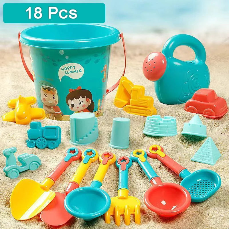Set Giocattoli da Spiaggia per Bambini – Secchio, Pala e Stampi per la Sabbia – 14 o 18 Pezzi
