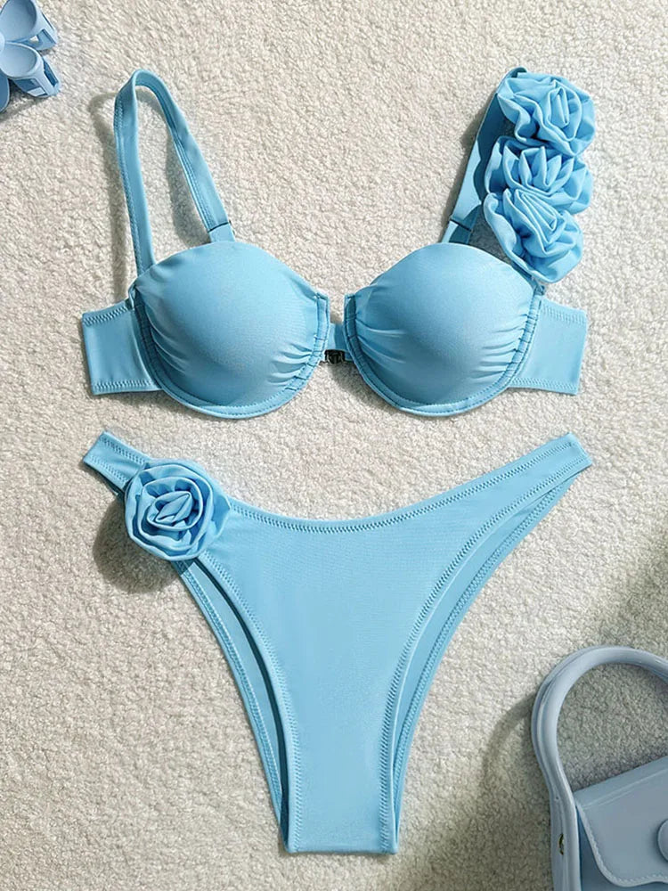 Bikini Donna Due Pezzi Push Up con Fiori 3D e Ferretto