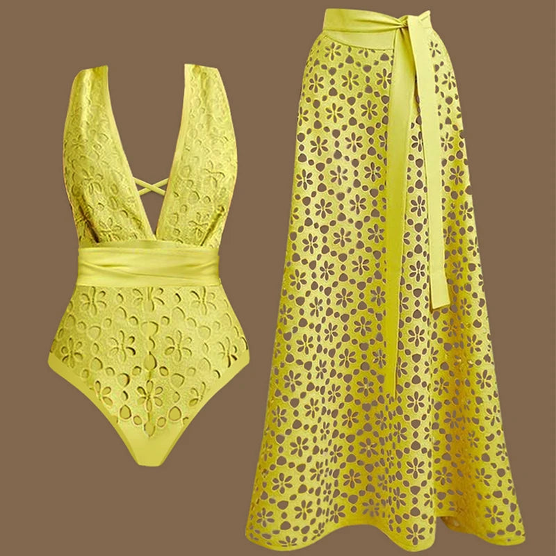 Costume Intero Donna Giallo Scollo a V Profondo con Gonna