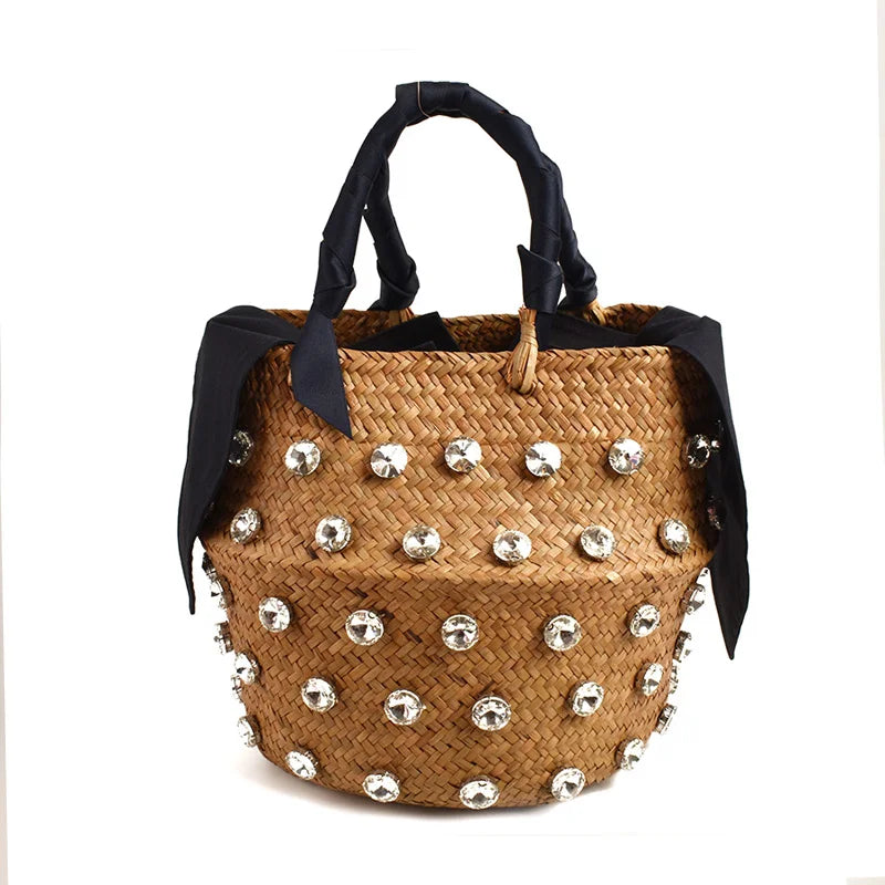 Borsa da Spiaggia in Paglia Intrecciata con Strass – Secchiello Donna Fatto a Mano, 22×20 cm | 8 Varianti