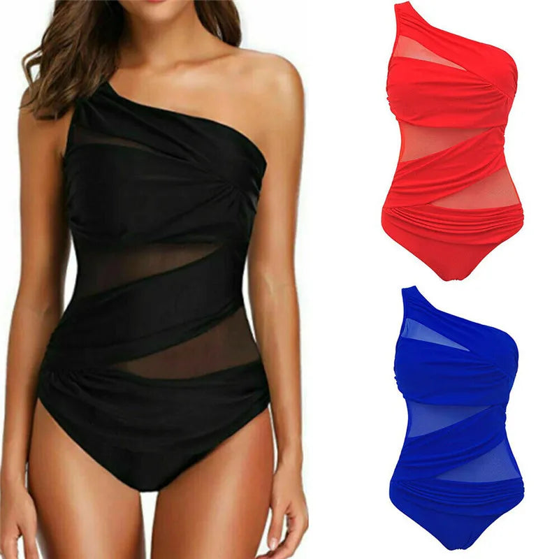 Costume Intero Donna Monospalla con Trasparenze e Push-Up – Tinta Unita Nero Rosso Blu M–4XL