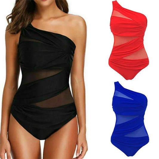 Costume Intero Donna Monospalla con Trasparenze e Push-Up – Tinta Unita Nero Rosso Blu M–4XL