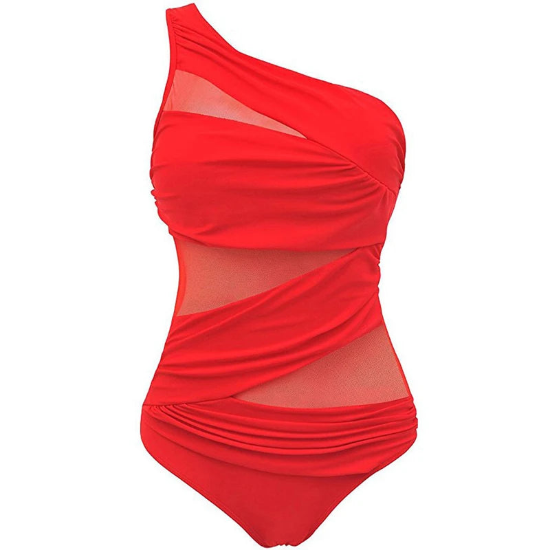Costume Intero Donna Monospalla con Trasparenze e Push-Up – Tinta Unita Nero Rosso Blu M–4XL