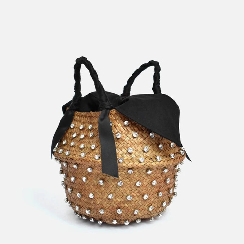 Borsa da Spiaggia in Paglia Intrecciata con Strass – Secchiello Donna Fatto a Mano, 22×20 cm | 8 Varianti