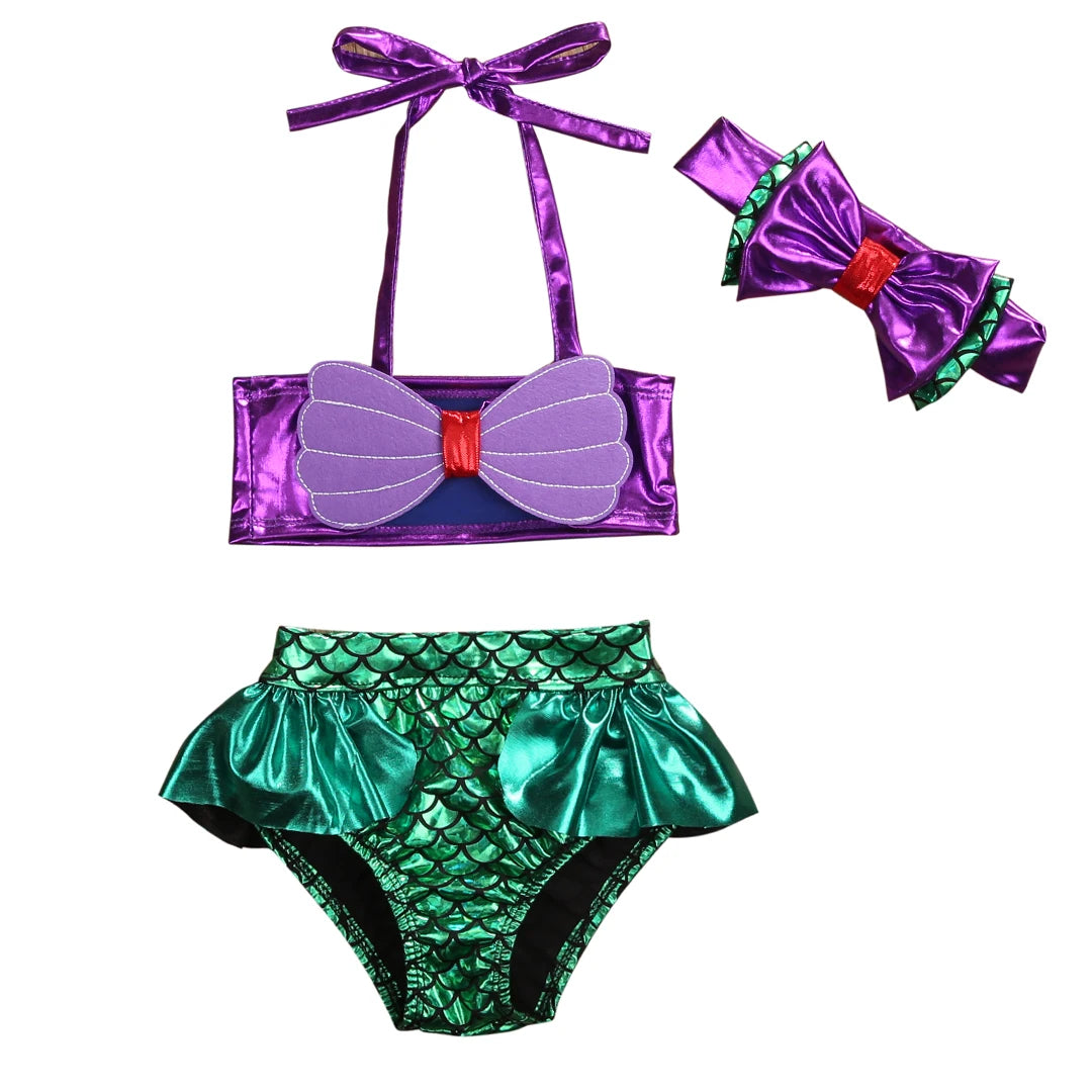 Bikini Due Pezzi Bambina con Fascia per Capelli e Stampa Sirena – 0–8 Anni