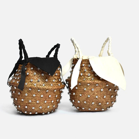 Borsa da Spiaggia in Paglia Intrecciata con Strass – Secchiello Donna Fatto a Mano, 22×20 cm | 8 Varianti