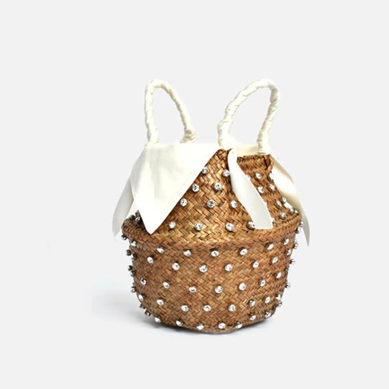 Borsa da Spiaggia in Paglia Intrecciata con Strass – Secchiello Donna Fatto a Mano, 22×20 cm | 8 Varianti
