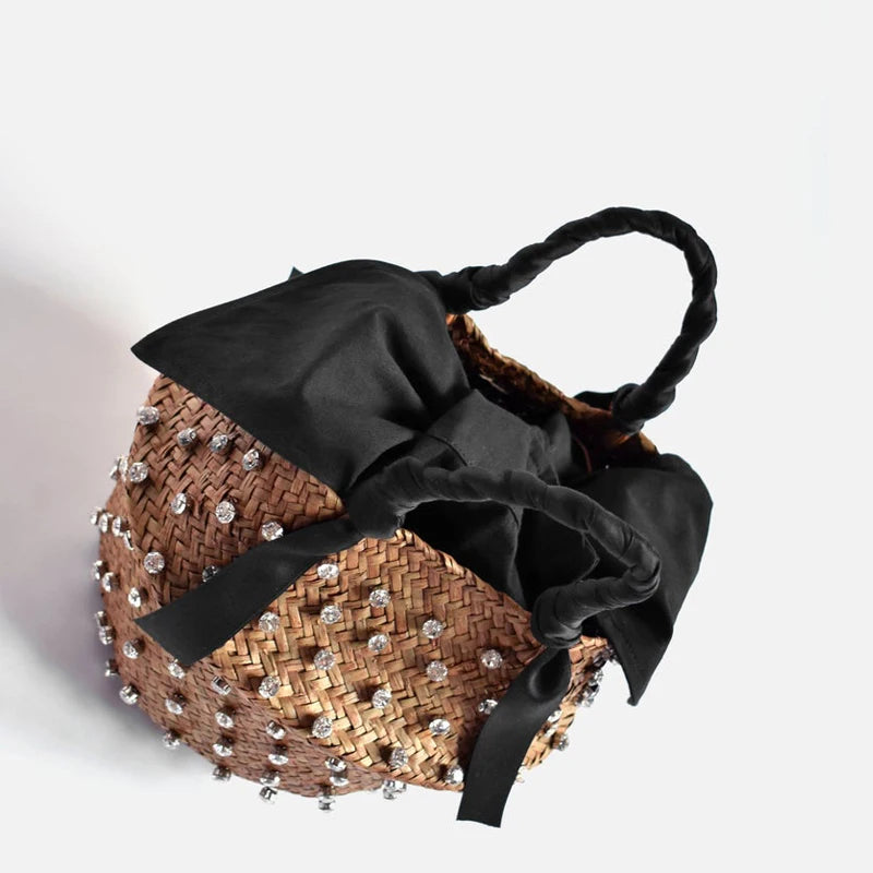Borsa da Spiaggia in Paglia Intrecciata con Strass – Secchiello Donna Fatto a Mano, 22×20 cm | 8 Varianti