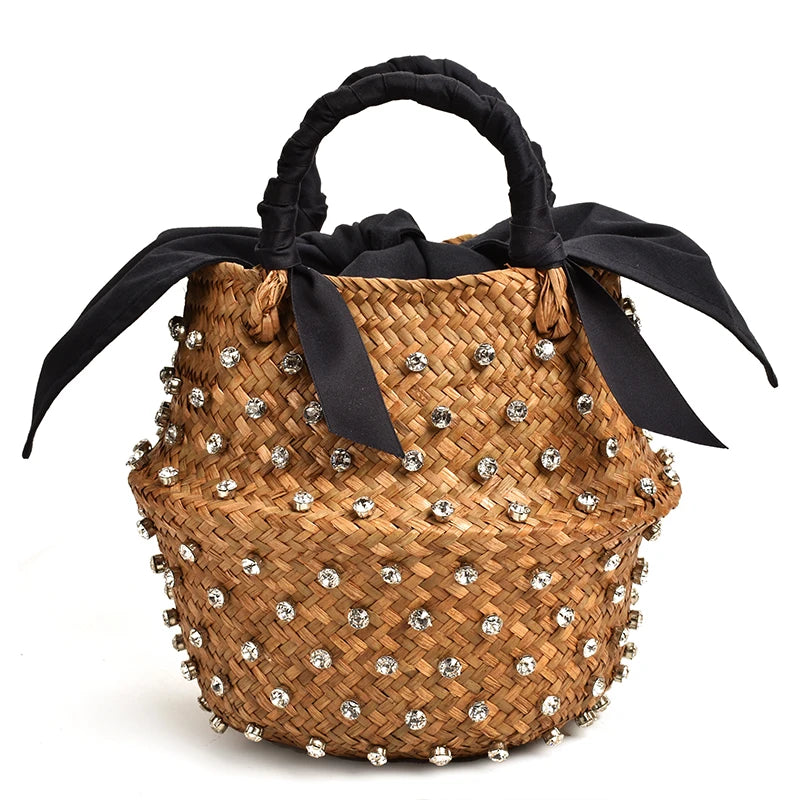 Borsa da Spiaggia in Paglia Intrecciata con Strass – Secchiello Donna Fatto a Mano, 22×20 cm | 8 Varianti