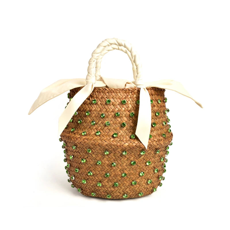 Borsa da Spiaggia in Paglia Intrecciata con Strass – Secchiello Donna Fatto a Mano, 22×20 cm | 8 Varianti