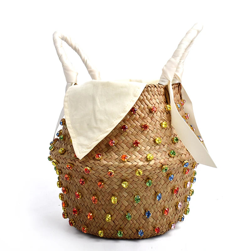 Borsa da Spiaggia in Paglia Intrecciata con Strass – Secchiello Donna Fatto a Mano, 22×20 cm | 8 Varianti