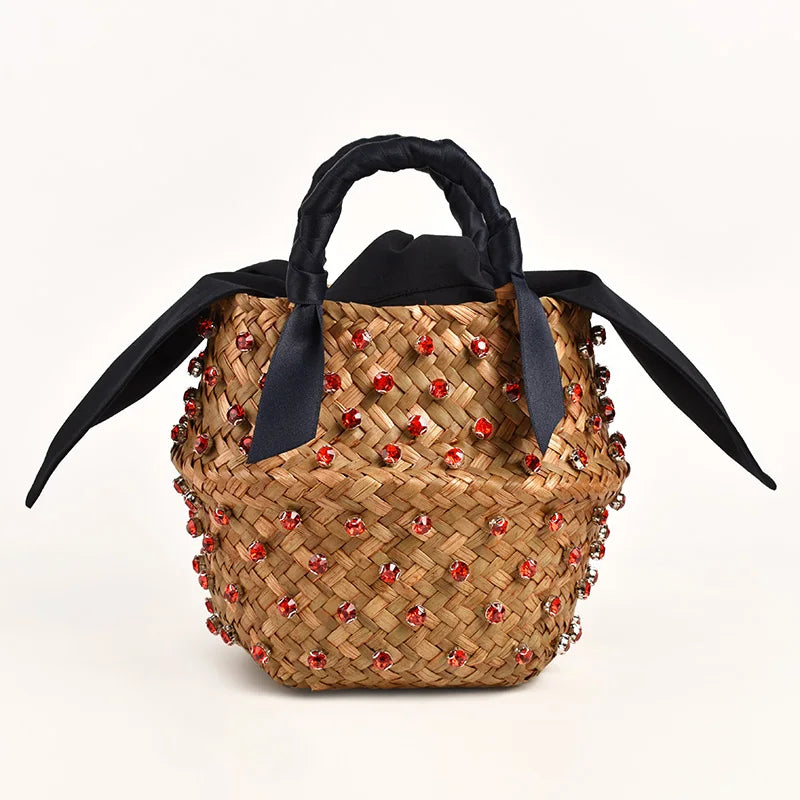 Borsa da Spiaggia in Paglia Intrecciata con Strass – Secchiello Donna Fatto a Mano, 22×20 cm | 8 Varianti