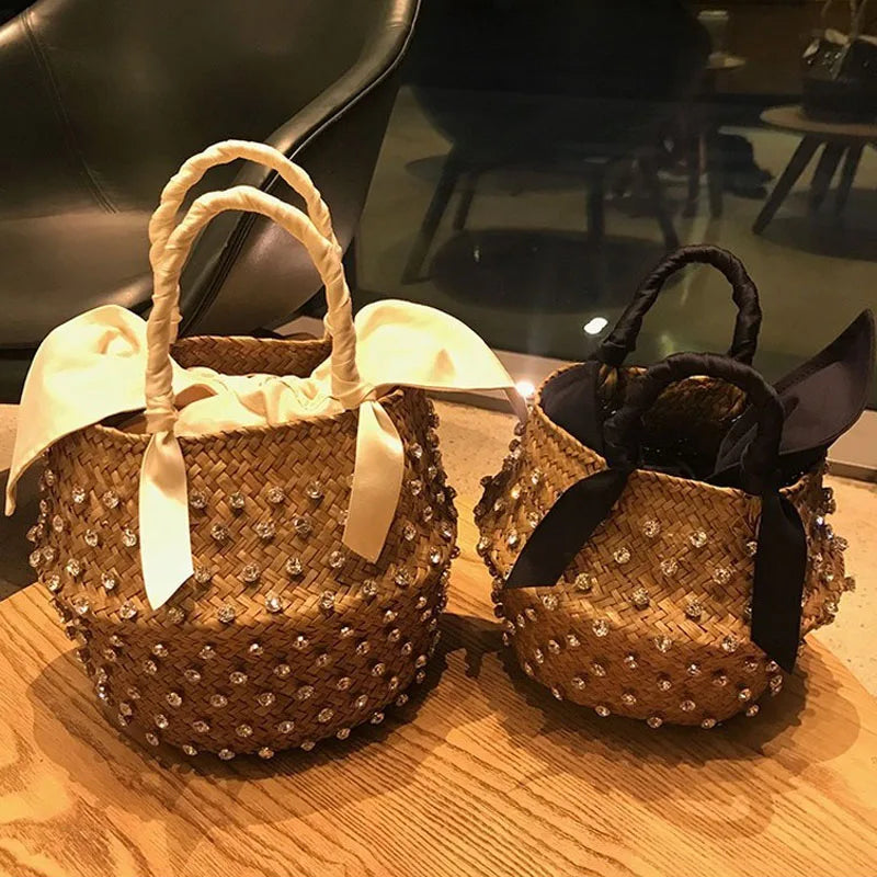 Borsa da Spiaggia in Paglia Intrecciata con Strass – Secchiello Donna Fatto a Mano, 22×20 cm | 8 Varianti