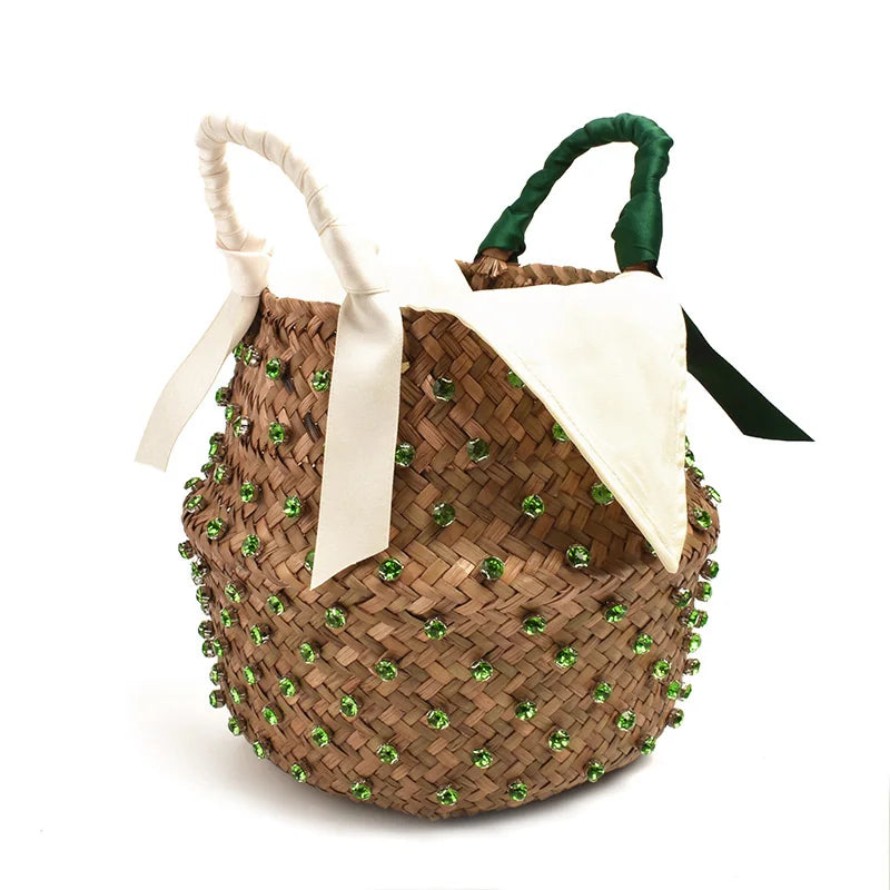 Borsa da Spiaggia in Paglia Intrecciata con Strass – Secchiello Donna Fatto a Mano, 22×20 cm | 8 Varianti