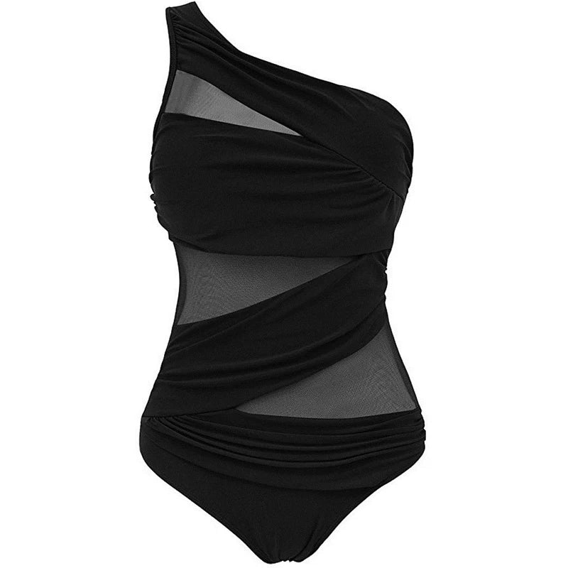 Costume Intero Donna Monospalla con Trasparenze e Push-Up – Tinta Unita Nero Rosso Blu M–4XL