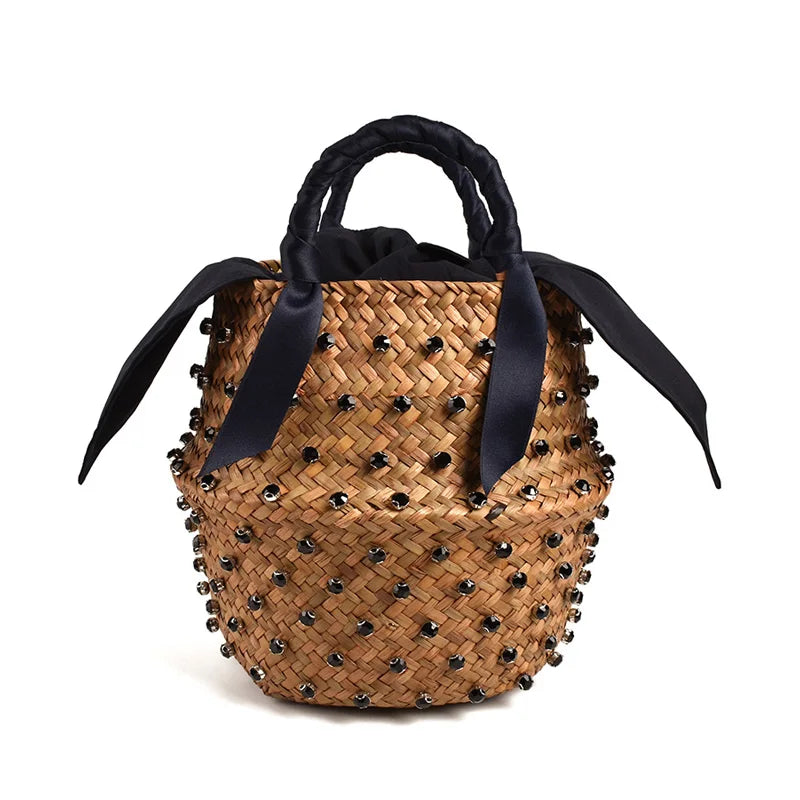 Borsa da Spiaggia in Paglia Intrecciata con Strass – Secchiello Donna Fatto a Mano, 22×20 cm | 8 Varianti