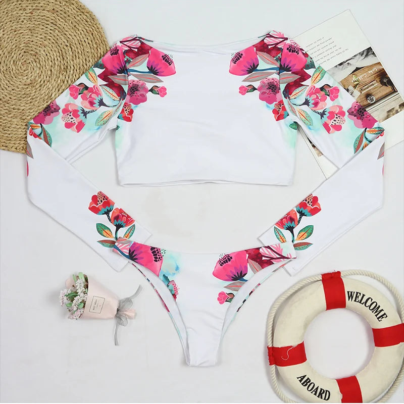 Rashguard Donna Due Pezzi Manica Lunga Bianco Stampa Floreale Push Up Protezione UV