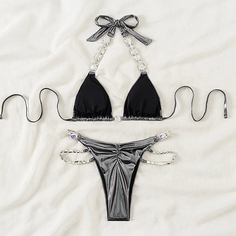 Bikini Donna Due Pezzi Halter Brasiliano con Pietre Gioiello