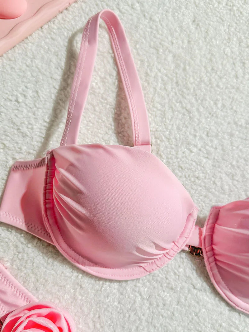 Bikini Donna Due Pezzi Push Up con Fiori 3D e Ferretto