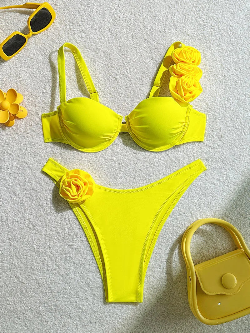 Bikini Donna Due Pezzi Push Up con Fiori 3D e Ferretto