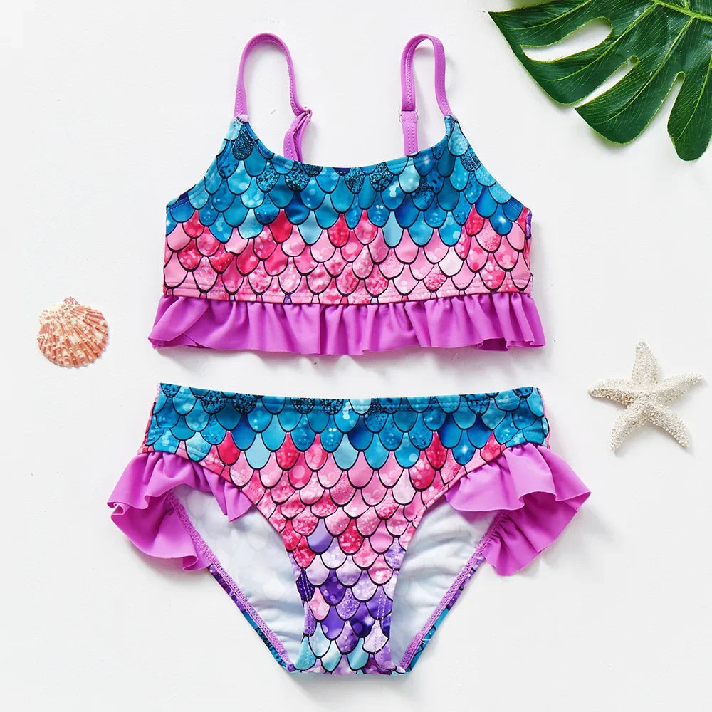 Bikini Due Pezzi Bambina con Volant – Costume da Bagno Estivo Senza Maniche, 12 Fantasie, 3–12 Anni