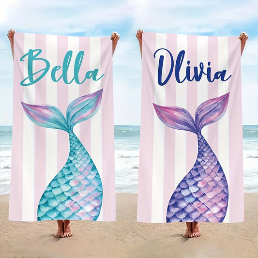Telo Mare Personalizzato a Tema Sirena – Microfibra con Nome su Misura, 2 Colori 4 Misure