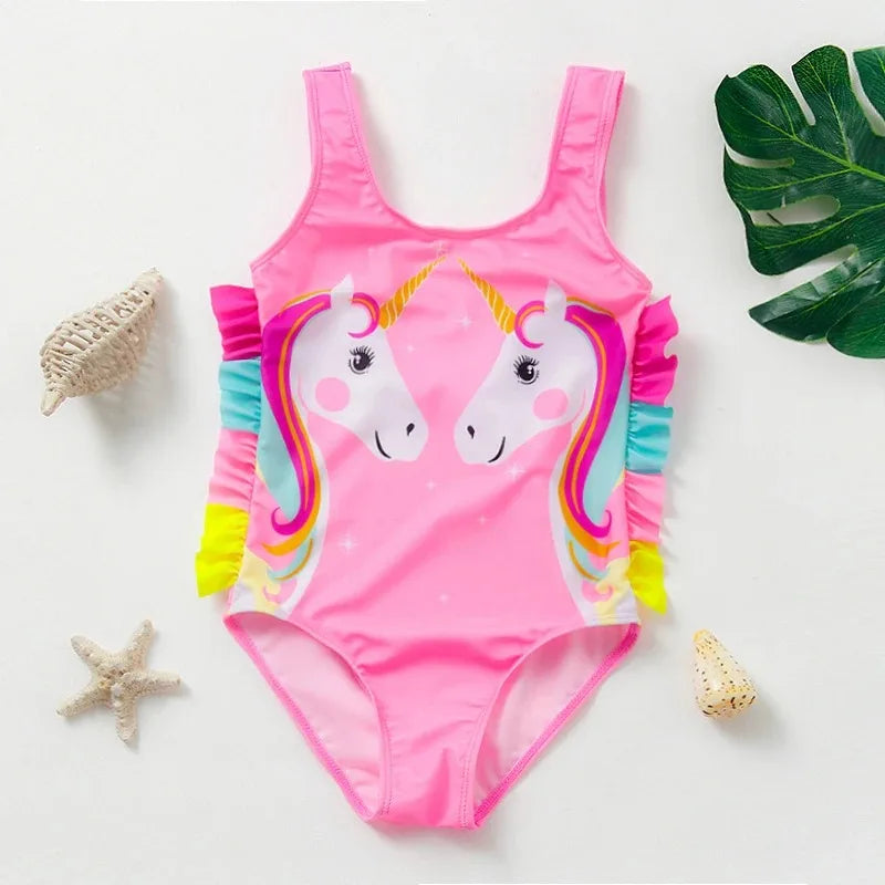 Costume da Bagno Intero Bambina con Balze e Stampa Fantasia – 21 Fantasie, Taglie 1–8 Anni