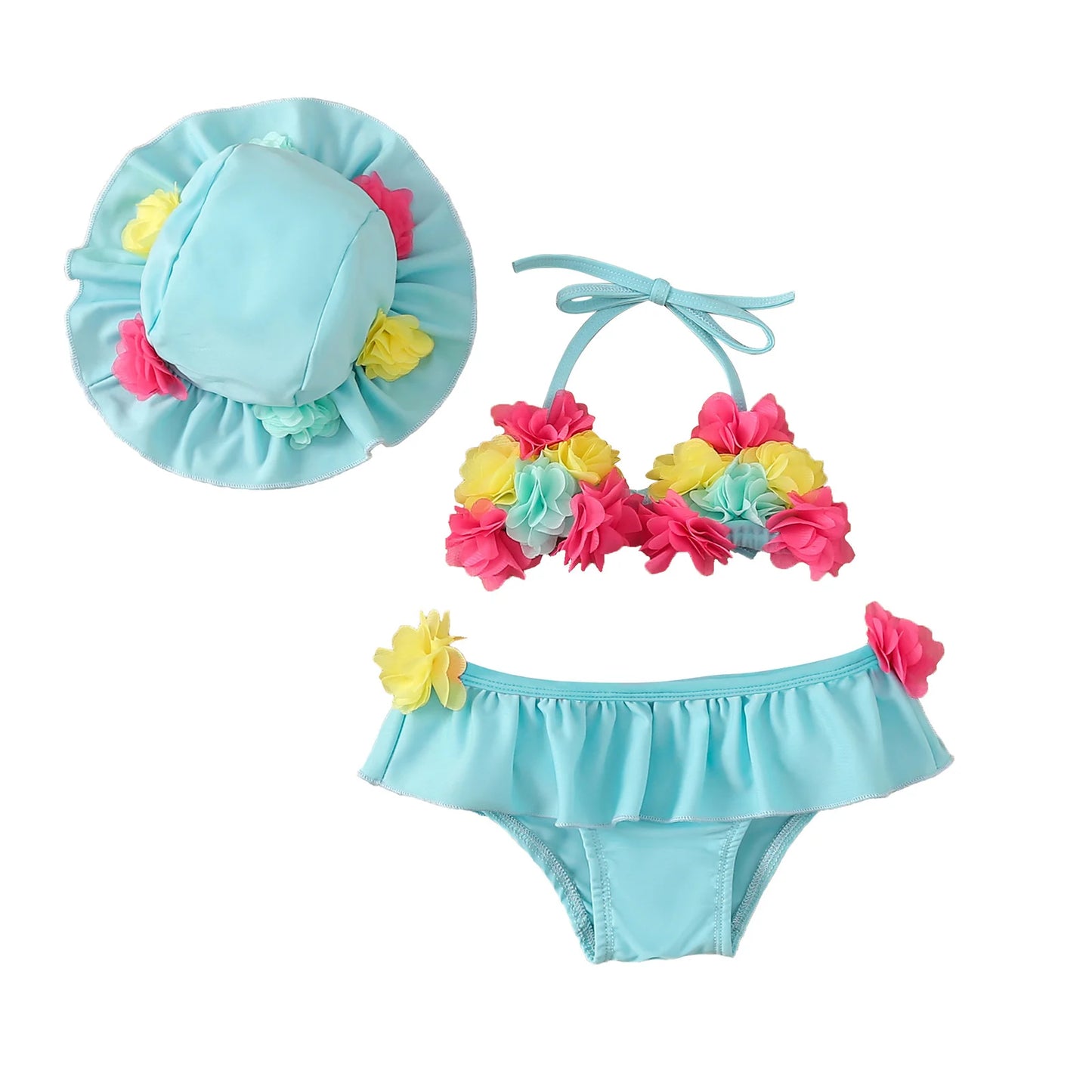 Costume da Bagno per Bambina 3 Pezzi, Bikini a Fiori con Volant e Cappellino da Sole, 6M–24M