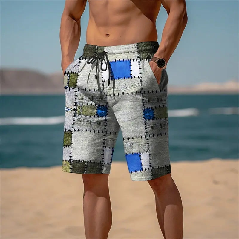 Bermuda da Spiaggia Uomo con Stampa Patchwork – Pantaloncini Casual Estivi con Motivi a Quadri Irregolari, S–5XL,4 Colori